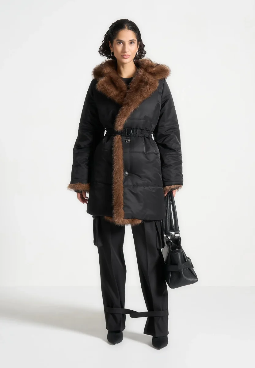 Alima – Fur Longline Belted Coat – Black