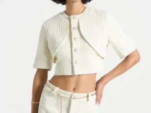 Alba - Tweed Mock Neck Curve Detailing Top - Cream