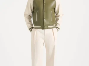 Guy - Contrast Leather Bomber Jacket - Olive/Cream