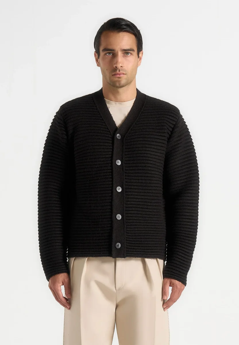 Anton – Ribbed Knit Cardigan – Black