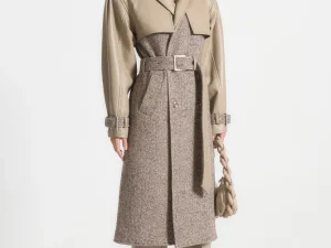 Carina - Herringbone Wool & Vegan Leather Trench Coat - Taupe