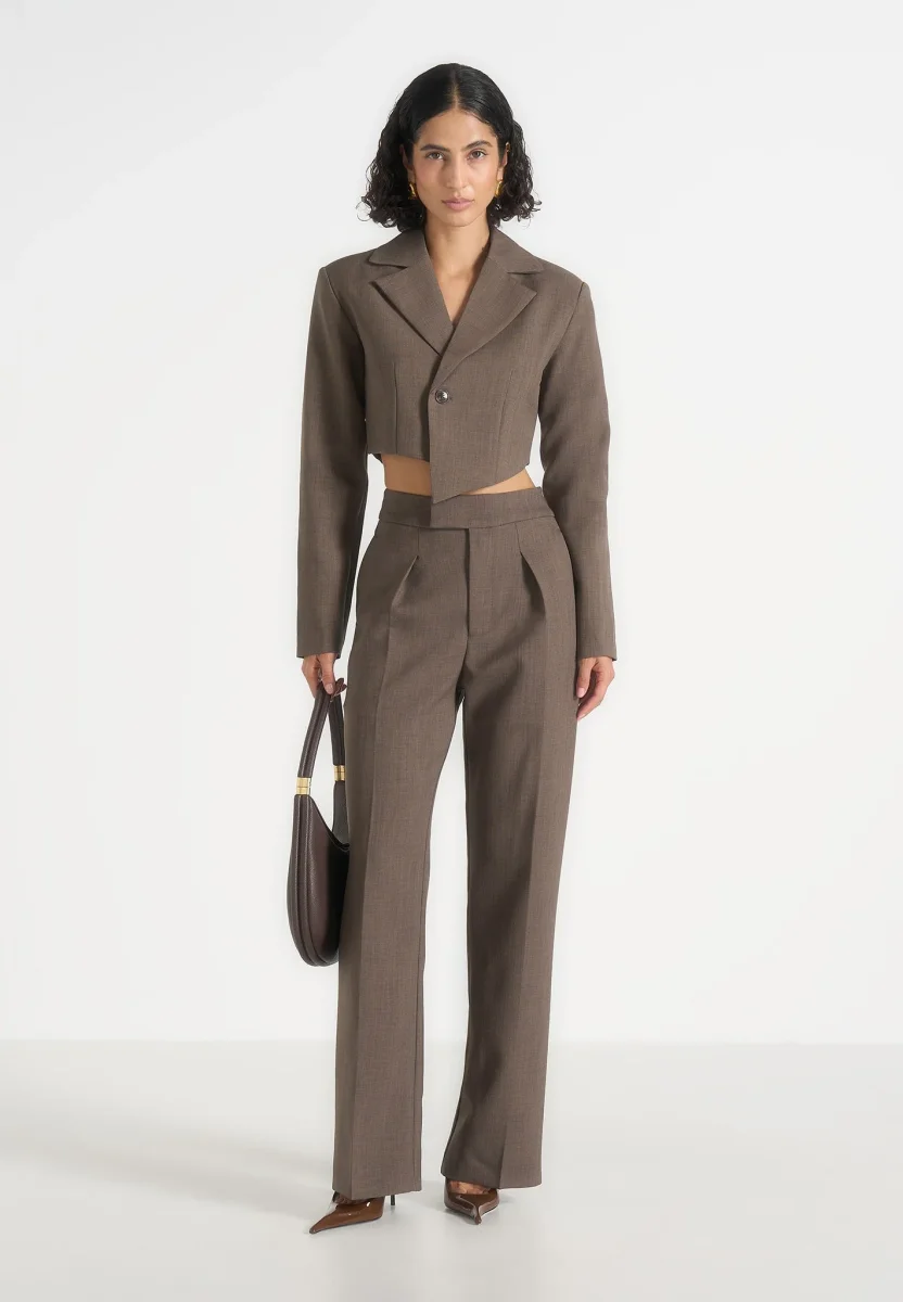 Dina – Asymmetric Tailored Cropped Blazer – Dark Taupe