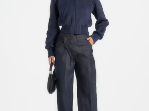 Delfina - Suede Layered-Shoulder Cropped Bomber Jacket - Navy