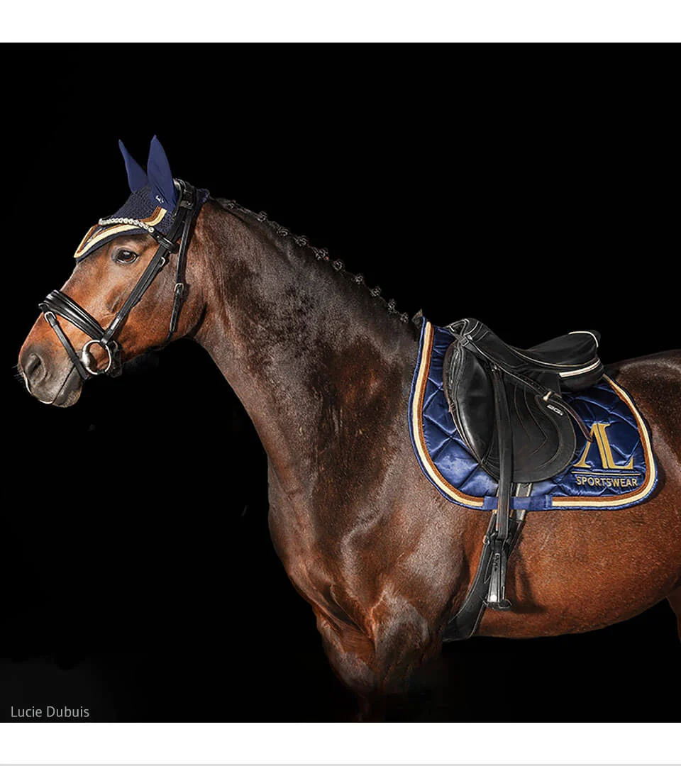 Tapis de Selle Bleu Marine, 4 Cordes Or & Caramel