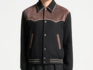 Suede and Wool Whipstitch Varsity Jacket - Black/Brown